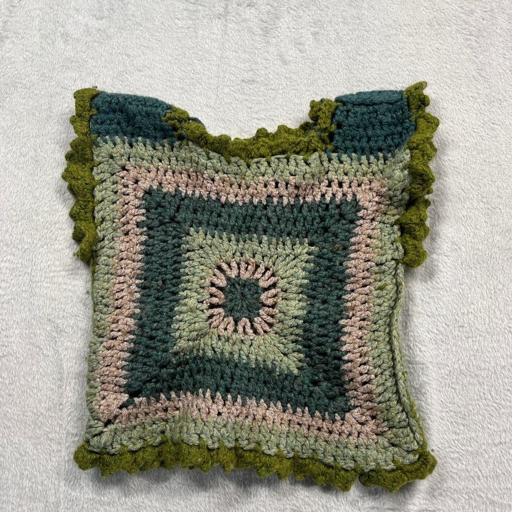 Handmade Crochet Sleeveless Sweater Kids Green Granny Square Ruffle Trim Boho XS